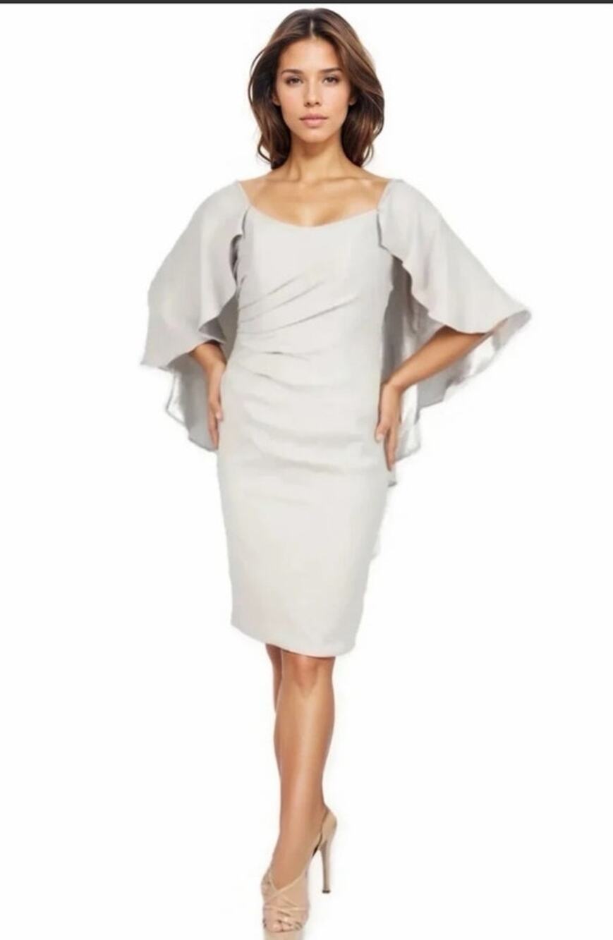 $725 NWT Rene Ruiz Collection Cape Sleeve Cocktail Dress Satin Crepe Sz 4 Silver